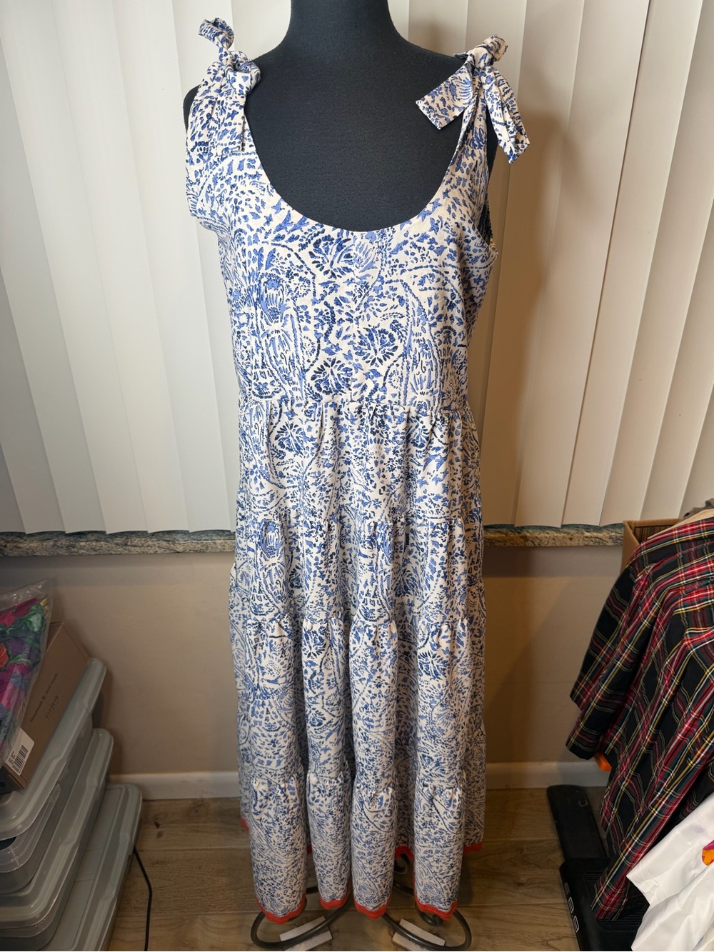 Audrey Parks Blue White Tie-Shoulder Maxi Tiered Red Hem Dress Size Large